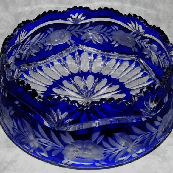 Vintage Bohemian Clear Cobalt Blue Crystal Bowl - Picture 1 of 2